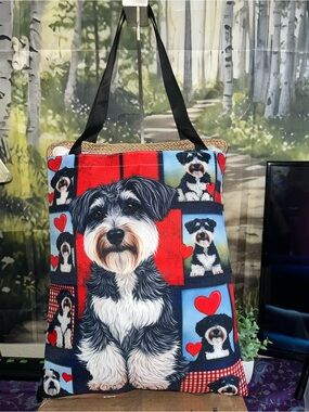 Playful Dog Patchwork Tote with Heart Accents